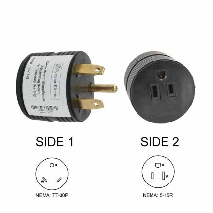 Superior Electric RVA1518 30 Amp Male NEMA TT-30P to 15 Amp Female NEMA 5-15R Adapter Plug (Round)